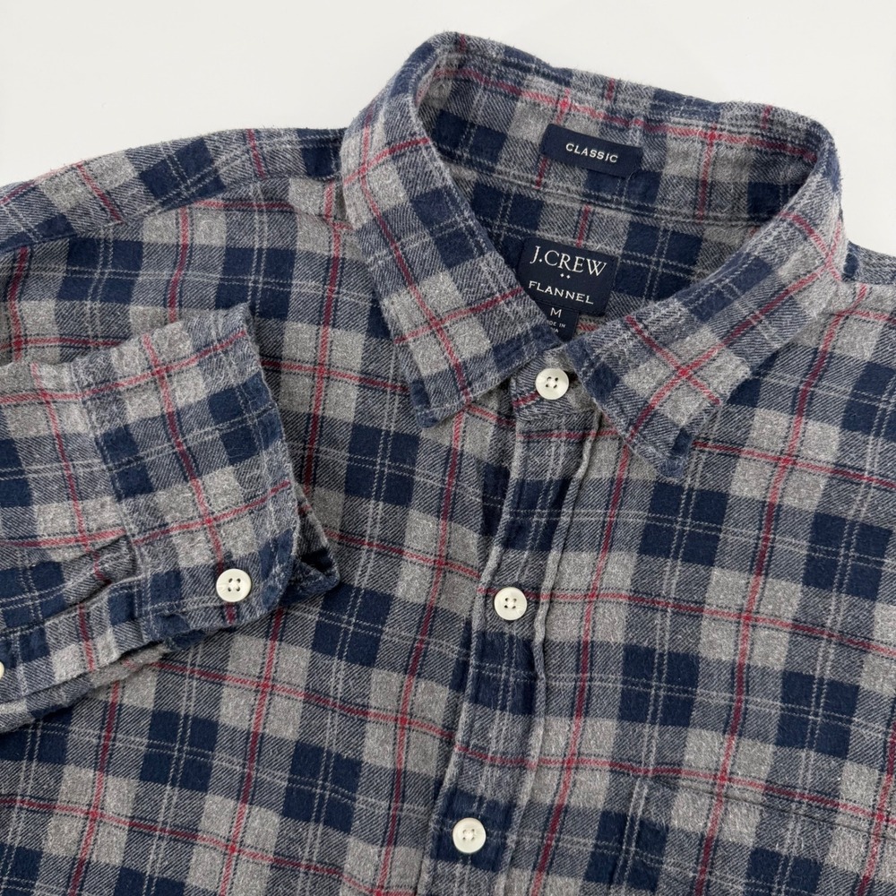 J Crew Classic Flannel Plaid Button Down Shirt Mens Medium Blue Gray Red